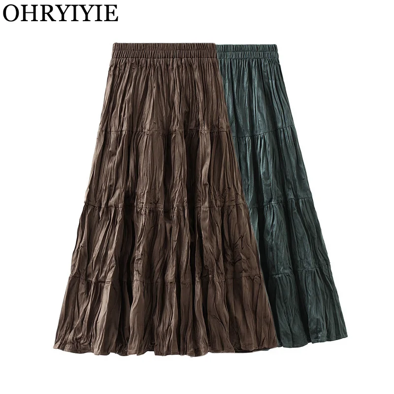 

OHRYIYIE Autumn Winter New Velvet Long Skirt Women Elastic High Waist Skirts Solid Color All-match Midi Pleated Skirt Female