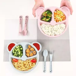 Juego de vajilla para alimentación de bebé, tazón, cuchara, tenedor, plato de entrenamiento Anti caliente, sin BPA, oso de dibujos animados