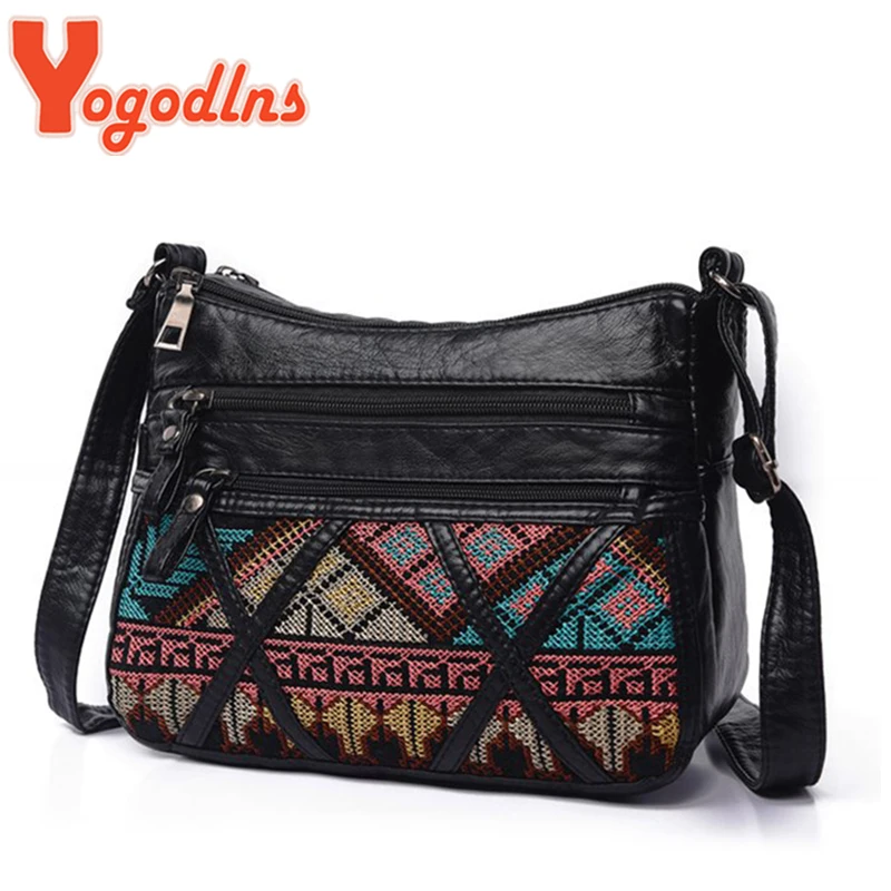 

Yogodlns Embroider Design Fashion Women Messenger Bag Washed PU Leather Shoulder Bag Casual Vintage Bag Female Crossbody Bags