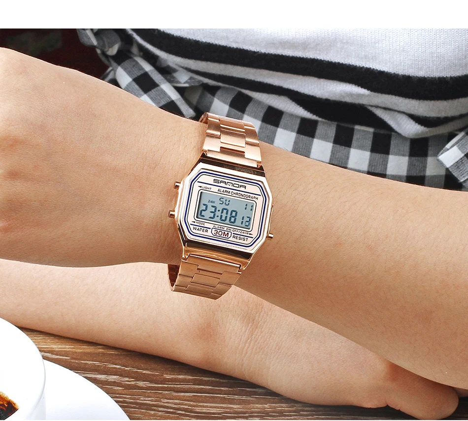 SANDA Rose Gold Sport Watches Women Luxury Golden LED Electronic Digital Watch Waterproof Ladies Clock Female Reloj Mujer