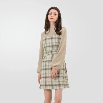 

CMAZ Autumn Winter Vintage Dress Women 2019 Slim Fit With Belt Plaid Lantern Sleeve Temperament Lady Short Dress MX18D1495