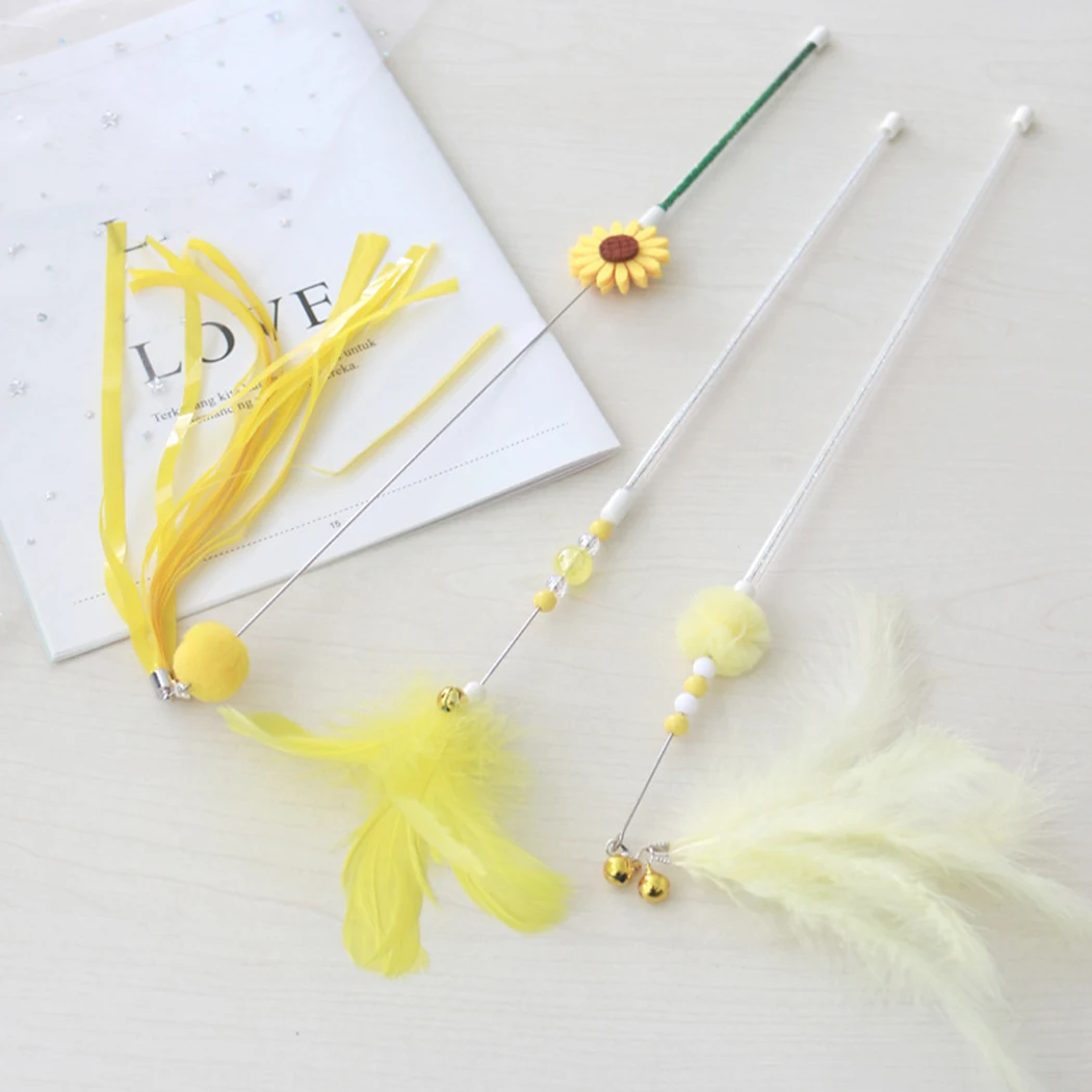 3PCS Cat Teaser Wands Pet Toy Fake Feathers Kitten Teaser Stick Cat Interactive Toy Pet Chasing Toy Cat Teasers Pet Sticks Toys