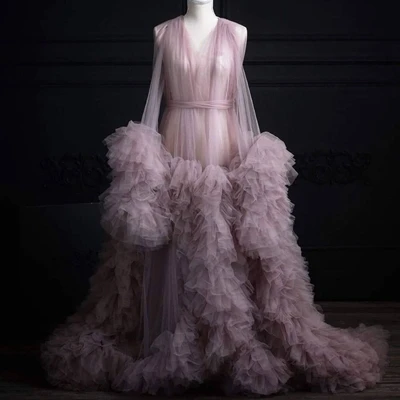 

Real Image Dusty Pink Ruffles Tulle Long Prom Gowns Pregnant Dress Puffy A-line Long Robe For Maternity Picture Shoot