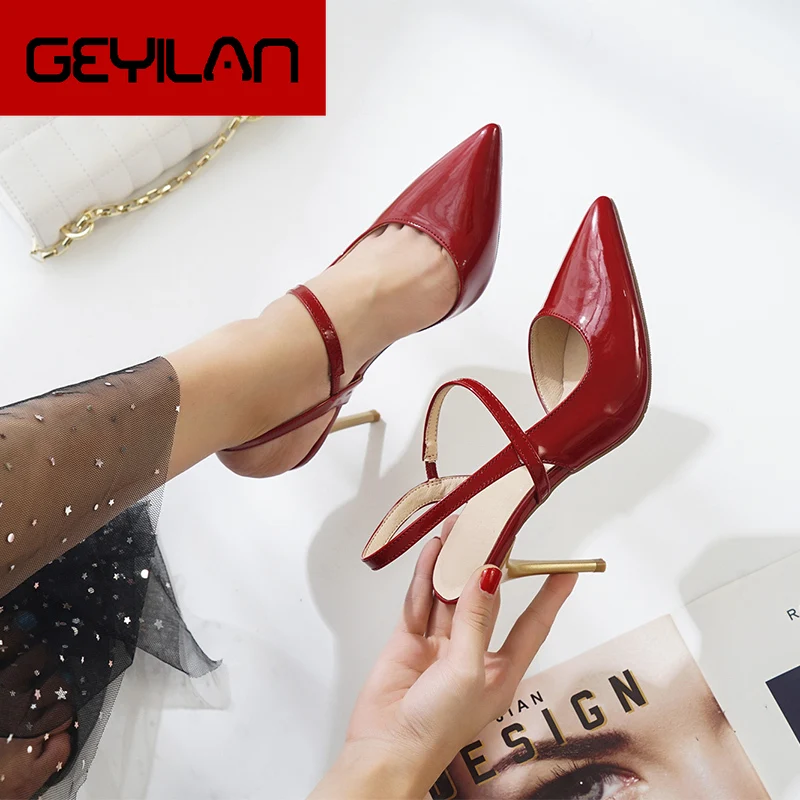 

High heel women 2019 spring and summer new wine red Shallow mouth with pointed strap European and American fashion wild sandals