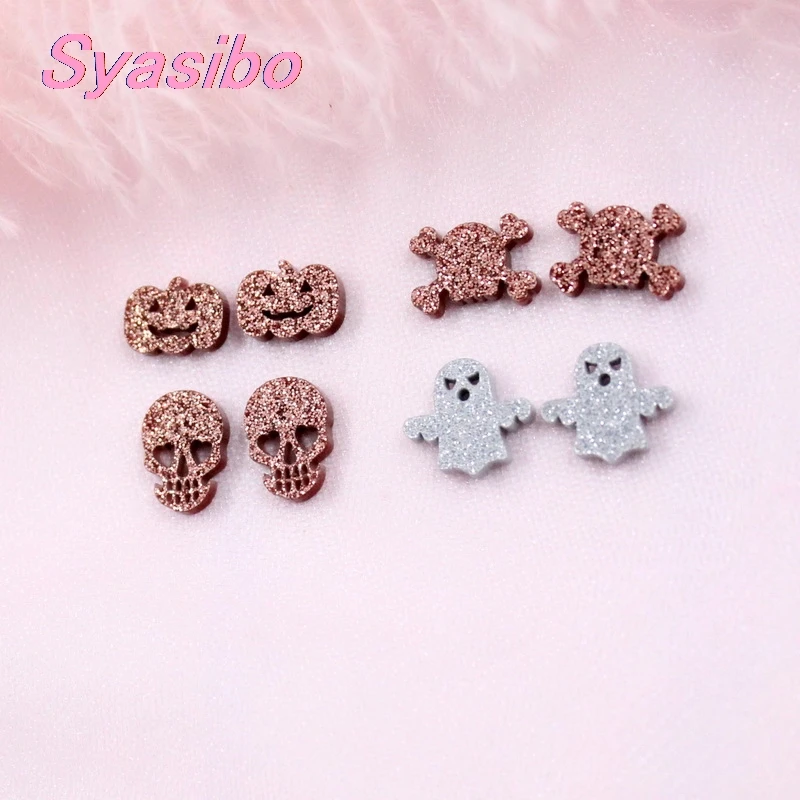 

(10pcs each) 12/14mm Giltter Acrylic Ghost Skull Pumpkin Stud Earrings (no Stud) Halloween Earrings 0.5inches Laser Cut -AC1595