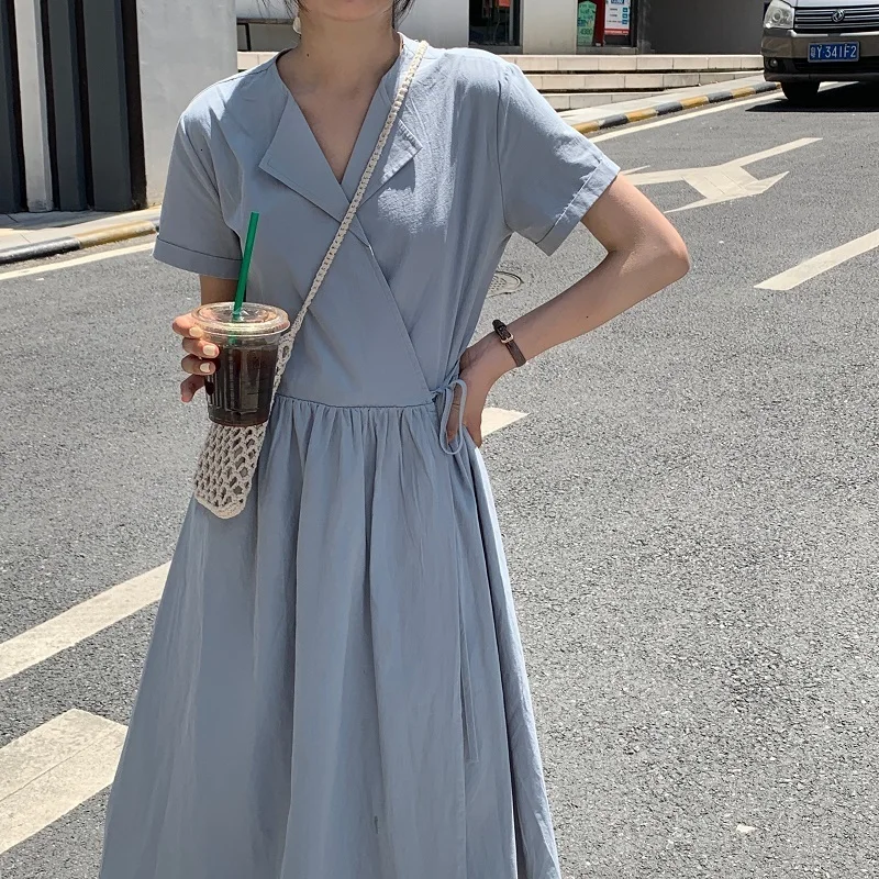 

Women Summer Blue Sexy notched A-line Long Blazer Dress Ladies Solid Wrap Vestidos Robe Femme Ete Casual Kleider Damen Jurken