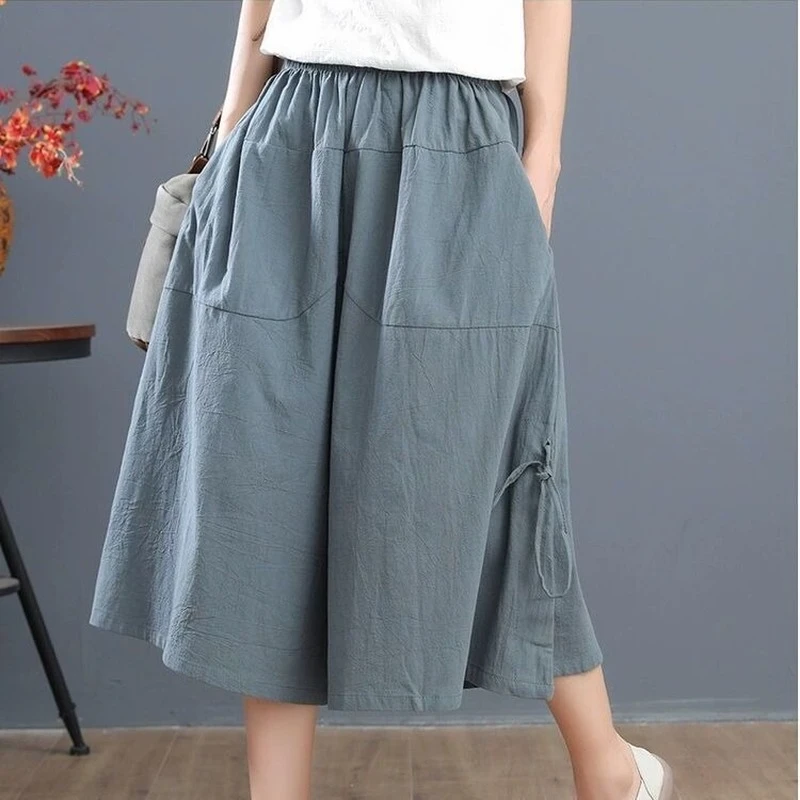 cargo pants Summer Loose Bloomers Casual Elastic Waist Wide Leg Pants Large Size Middle Waist Women's Solid Color Culottes Cropped Pants capri pants for women