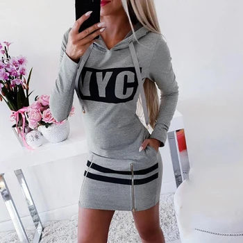 

Women Casual Dress Patchwork Design Hooded Zipper Decor Long Sleeve Letter Print Dress Lady Autumn Mini Dress