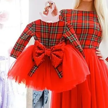 

1-5Y Christmas Girls Red Plaid Dress Toddler Baby Kid Girls Long Sleeve Tutu Bow Party Wedding Birthday Dress Girl Xmas Costumes