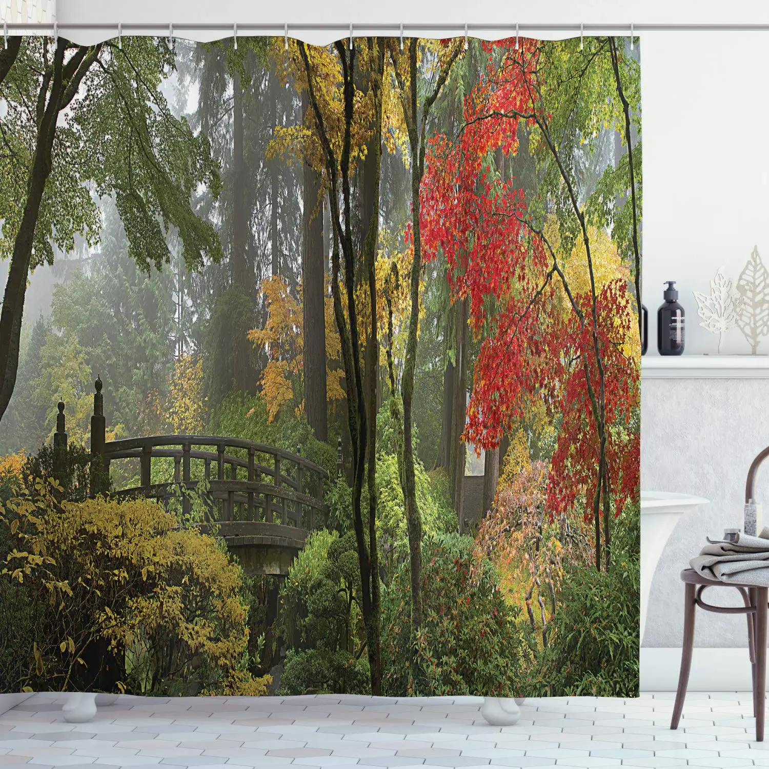 

Landscape Shower Curtain, Wet Wooden Bridge at Portland Japanese Garden Oregon in Autumn Season, Cloth Fabric Bathroom Decor Set