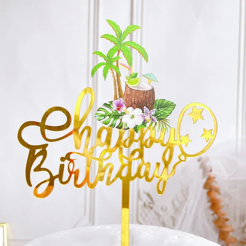 Acrylic Color Printing Summer Birthday Cake Topper Coconut Tree Flamingo Kid Birthday Party Decoration
