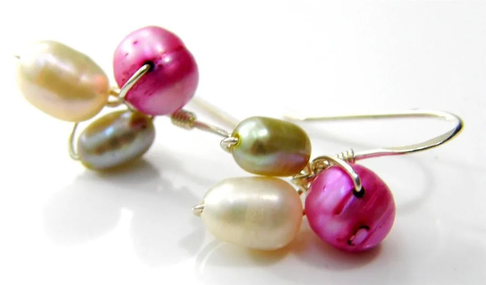 

free shipping 00138 Pink White Freshwater Pearl Cluster Dangle Earrings