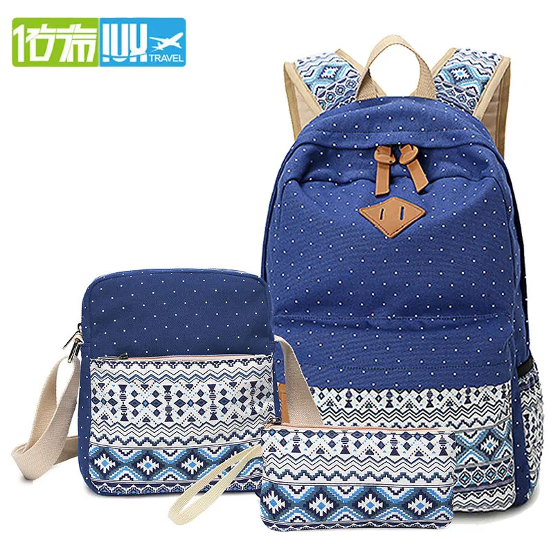 

IUX 3pcs/Set Dot Canvas Printing Backpack Women School Back Bags For Teenage Travel Backpacks Female Schoolbag Backpack