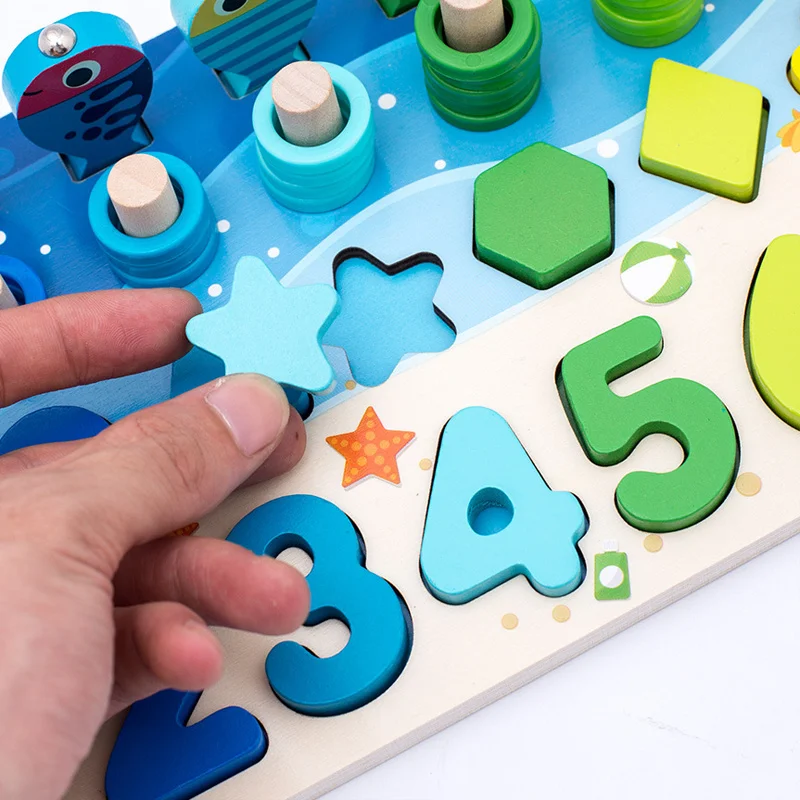 High Quality Kid Fishing Game Toy Wooden Numbers Set 3-in-1 Math Learning Intelligence Training
