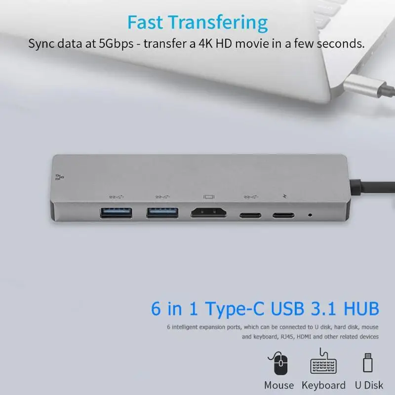 Алюминиевый сплав 6 в 1 type-C USB 3,1 хаб-конвертер портативный USB-C 4K HDMI 2 USB 3,0 PD RJ45 сетевой адаптер док-станция для портативных ПК