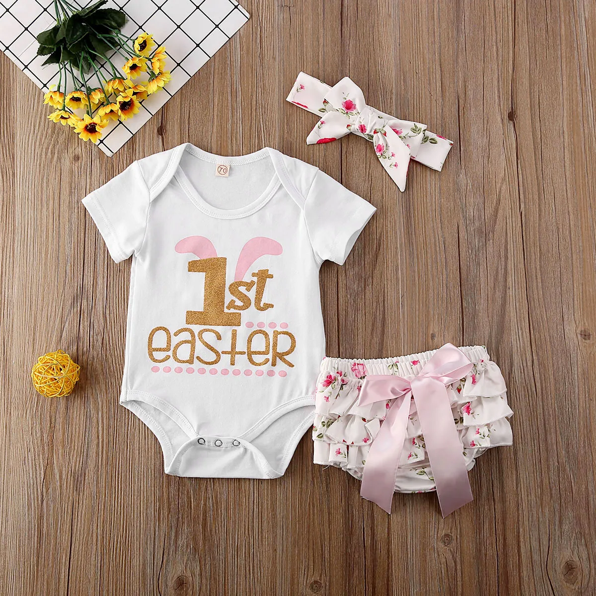 My 1st Easter/комплект из 3 предметов для маленьких девочек, детские комплекты с кроликом комбинезон с цветочным рисунком, комплекты с шортами праздничная одежда с короткими рукавами на возраст от 0 до 24 месяцев