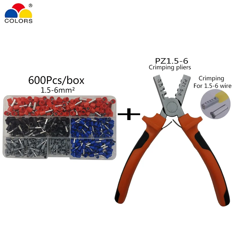 1.5-6 600pcs PZ D2 обжимной инструмент обжимные плоскогубцы для клемм, зажимы плоскогубцы электрические трубчатые Клеммы Коробка 0,5-6 мм2 инструмент для зачистки проводов Набор - Цвет: 1.5-6 600pcs