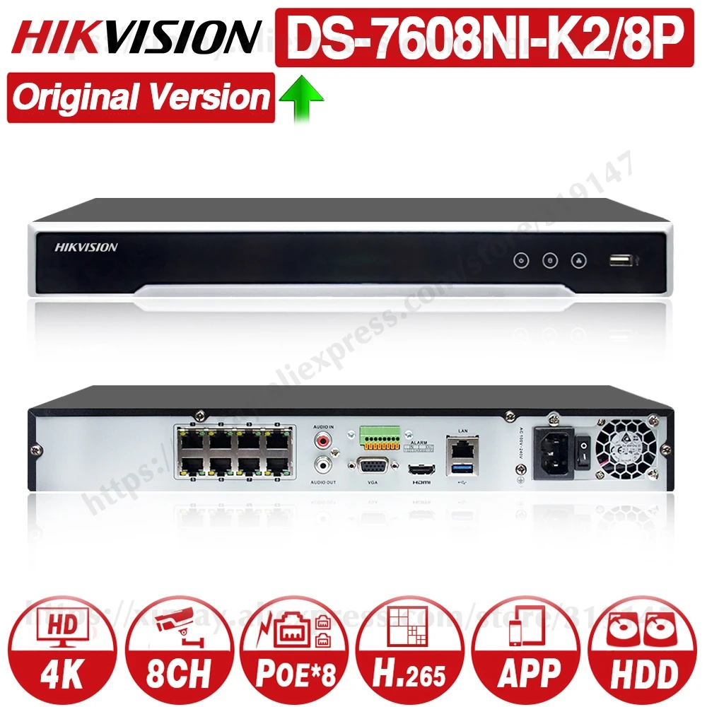  Hikvision Original NVR DS-7608NI-K2/8P 8CH POE NVR 8MP 4K Record 2 SATA for POE Camera Security Net