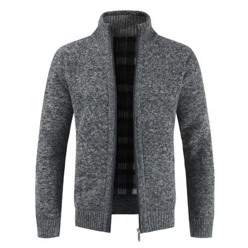 Dark Gray Модная зимняя мужская Трикотажная куртка, пальто, сплошной цвет, стоячий свитер-кардиган с воротником, толстая молния для мужской одежды размера плюс - Цвет: Dark Gray