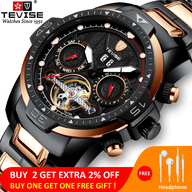 TEVISE Men's Watches Stainless Steel Automatic Mechanical Wristwatch Man Waterproof Skeleton Tourbillon Clock Relogio Masculino |