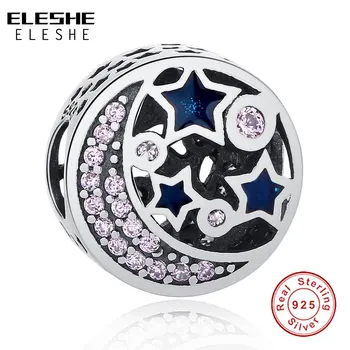 

ELESHE European DIY Charm 925 Sterling Silver Pink CZ Moon Star Bead Fit Original Charm Bracelet Authentic Jewelry Making