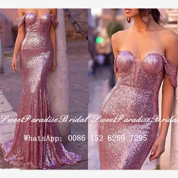 

High End Pink Sequined Mermaid Prom Dresses Graduation 2020 Off Shoulder Sweetheart Long Formal Eveing Dress For Women