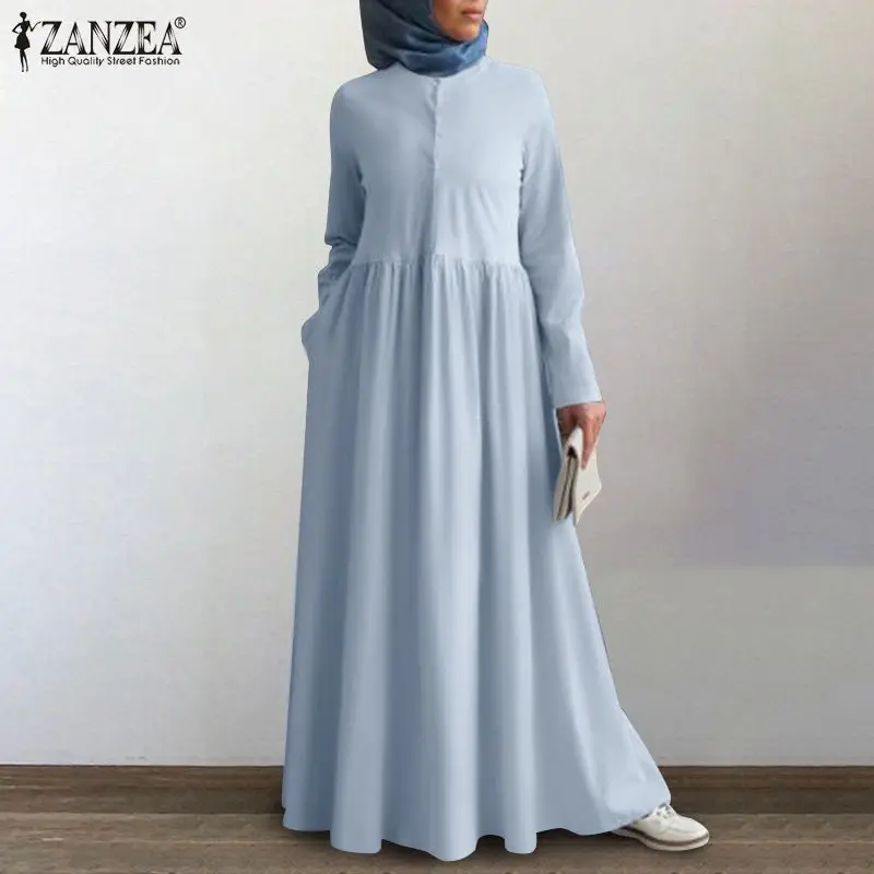 Retro Muslim Islamic Robe Womens Autumn Dress ZANZEA Casual Long Sleeve Button Maxi Vestidos Female Solid Turkish Clothing