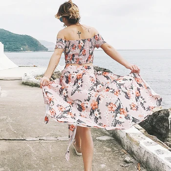 

Slash Neck Elastic Waist Tops Floarl Pint Women Boho Long Skirt One Side Slipt Two Piece Summer Beachwear Pink Color Chiffon