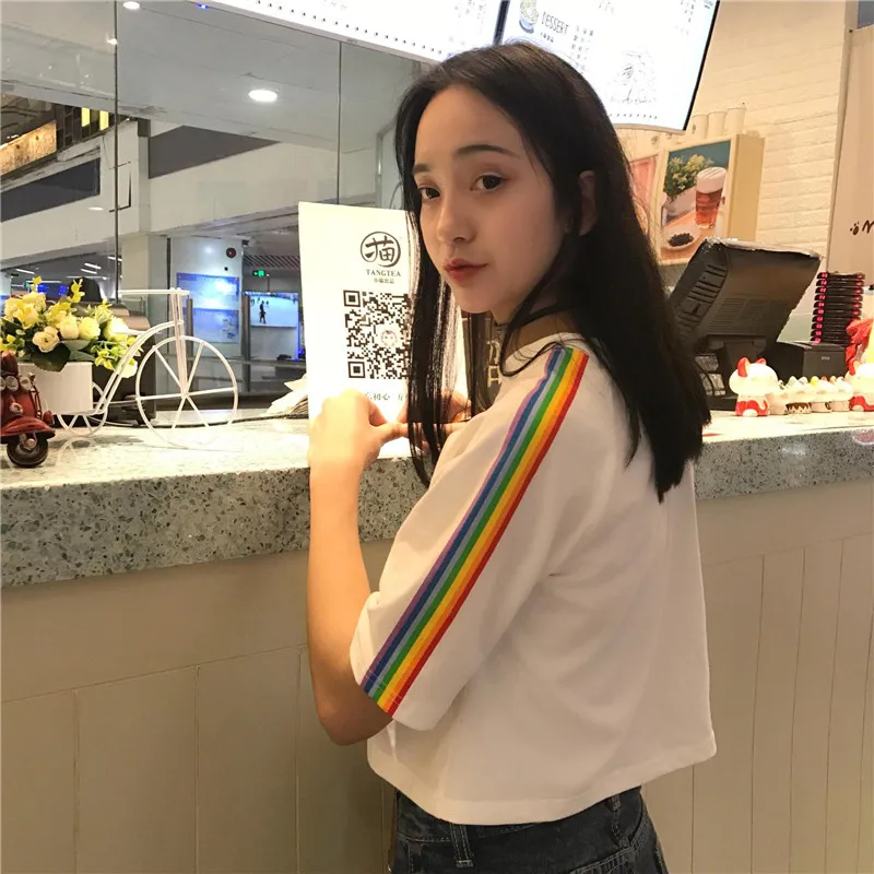 

Ymwmhu 2020 New Women's T-shirt Rainbow Printed Bellybutton-revealing Summer Crop Tops Shirt Streetwear Loose Short Tshirt