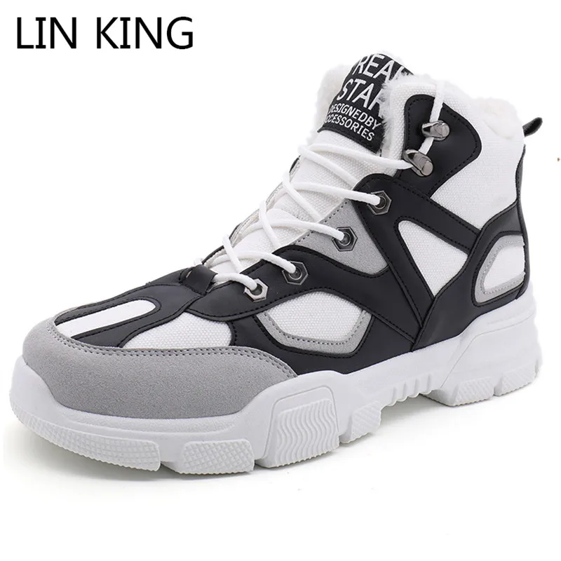 

LIN KING New Men Snow Boots Lace Up Winter Ankle Botas Thick Sole Warm Fur Short Boots Anti Skid Cotton Shoes Sneakers Big Size