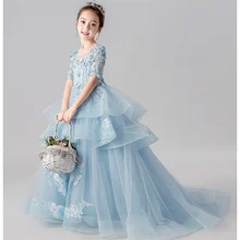 Свадебное платье с бусинами и аппликацией в виде цветка для девочек; платье с длинным шлейфом для девочек; одежда для дня рождения; Детские вечерние платья для первого причастия