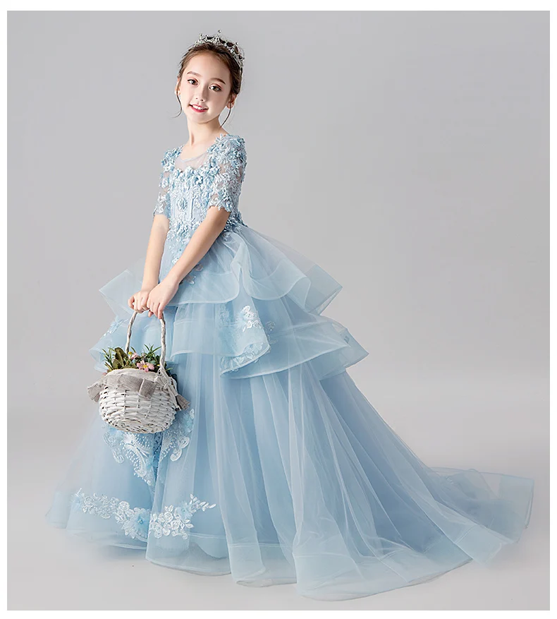 

Beads Appliques Flower Girl Wedding Dress Long Trailing Dress Girls Pageant Birthday Clothing Kids First Communion Party Gown
