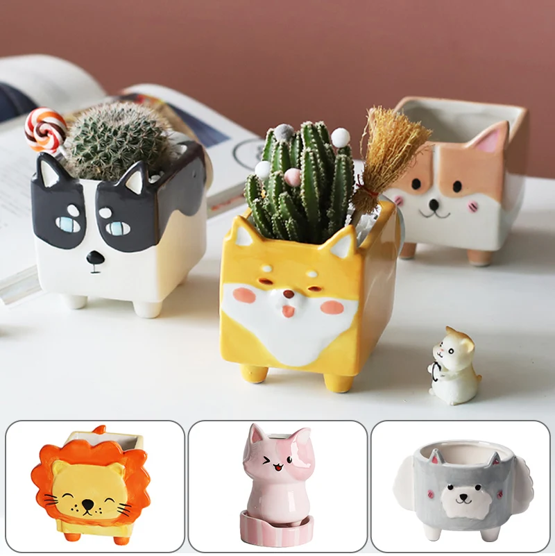 

Cartoon Ceramics Mini Flower Pot Desk Succulents Pot Cactus Plants Container Cute Dog Cat Ornament Plant Holder With Drain Hole