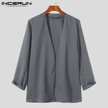 INCERUN Tops 2021 New Men Stylish Blazer Party Nightclub Loose Buttons Male All-match Simple Collarless Long-sleeved Suits S-5XL