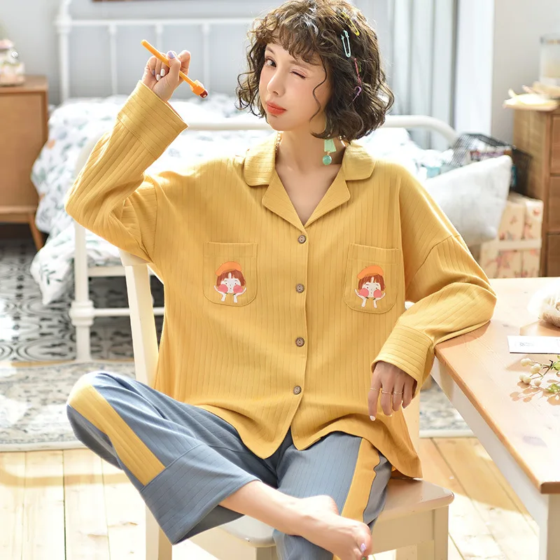 Новая осенне-зимняя одежда для сна, комплекты из 2 предметов для женщин, хлопковые пижамы с отложным воротником, домашняя одежда мягкого размера плюс, пижама, пижама XXXL - Цвет: Yellow