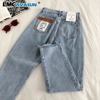

LMCAVASUN Spring Summer 2020 New Fashion Appliques Denim Pants High Waist Hip Button Design Trouser Straight Burr Pantalones