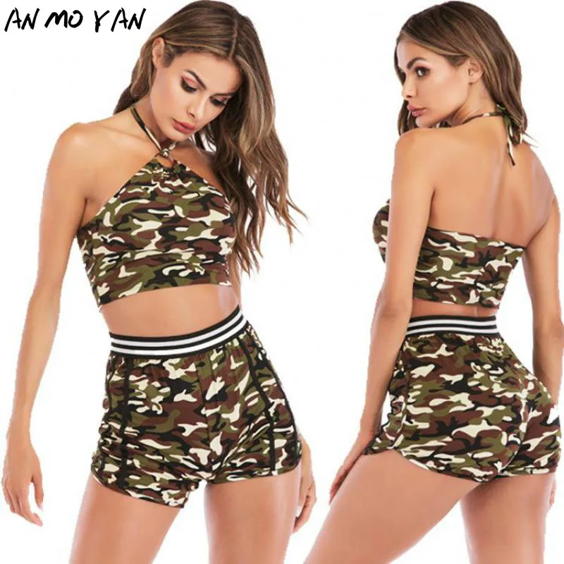 

Женский кружевной костюм с лямкой на шее, летний Камуфляжный костюм из двух предметов