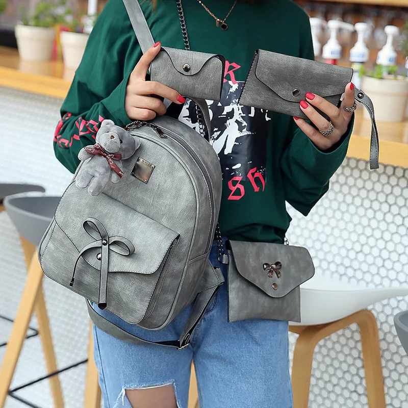 

New Style WOMEN'S Bag Versatile Retro Korean-style Bow Casual Backpack Women's Four-piece Set Trendy Letters Backpack