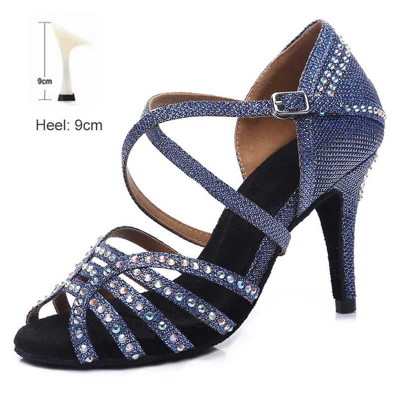Dark Blue 9cm Обувь для бальных танцев; стразы для женщин и девочек; женские туфли для Танго/бальных танцев/латинских танцев на высоком каблуке; обувь для танцев в помещении; - Цвет: Dark Blue 9cm