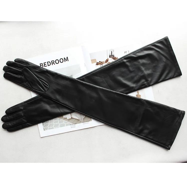 New Women's Super Long Leather Gloves Over Elbow Fashion Black Imported Sheepskin High Quality Mink Leather Touch Screen Gloves