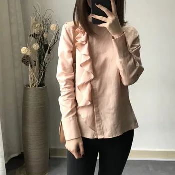 

Women Shirt Lotus Leaf Solid Color Loose Thin Skip Tops Linen Shirt