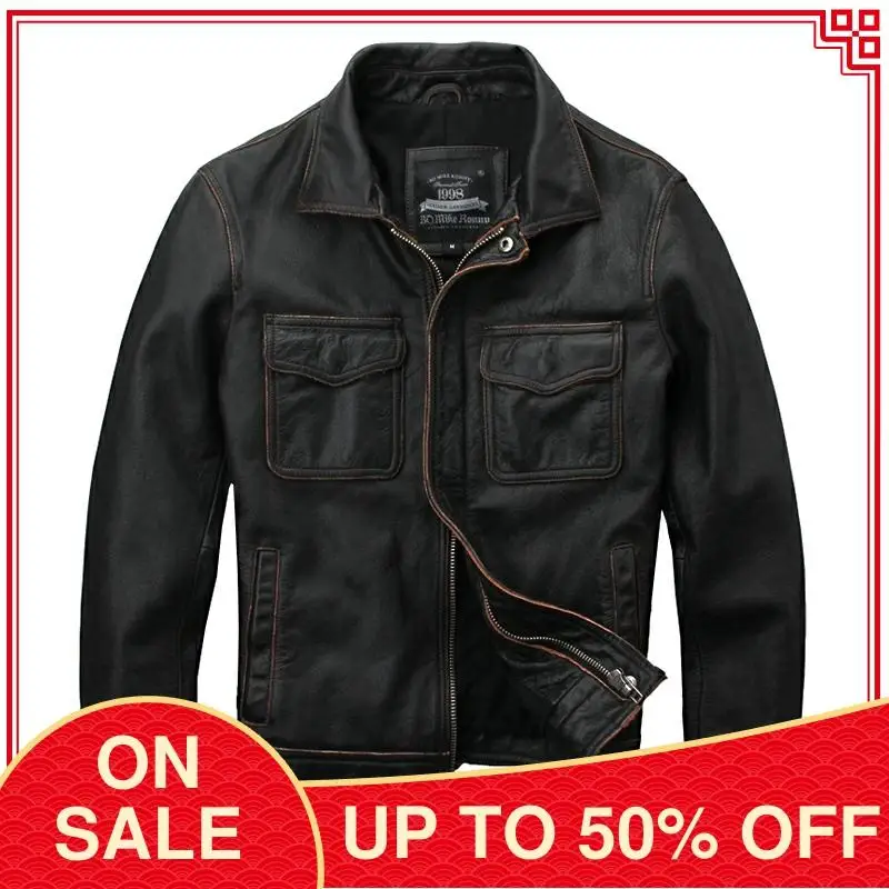 

2020 Vintage Brown Casual Style Genuine Leather Jacket Men Plus Size 4XL Real Cowhide Autumn Slim Fit Natural Coat