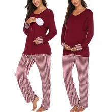 Футболка с длинными рукавами и пуговицами для беременных и беременных; топ+ регулируемые брюки в полоску; пижамный комплект для дома;# guahao