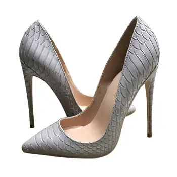 

2020 new sexy slim gray snake print pointed high heels shallow mouth single shoes female stiletto 12cm large size 43
