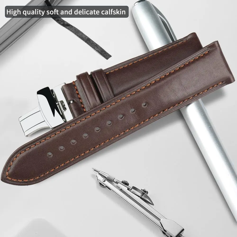 Calfskin Genuine Cow Leather Watchband Belt 18mm 20mm 22mm 24mm Watch Strap Bracelets Butterfly Buckle Replacement Watch Band
