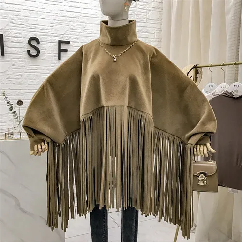Хаки Водолазка на молнии Boho модная свободная сексуальная однотонная замшевая куртка с кисточками осеннее Женское пальто накидка ветровка Длинный топ винтажный - Цвет: Хаки
