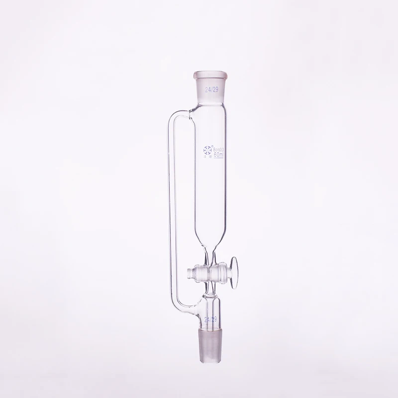 Separatory funnel constant pressure cylindrical shape,standard ground mouth.Capacity 60ml,Joint 24/29+24/29,Glass switch valve