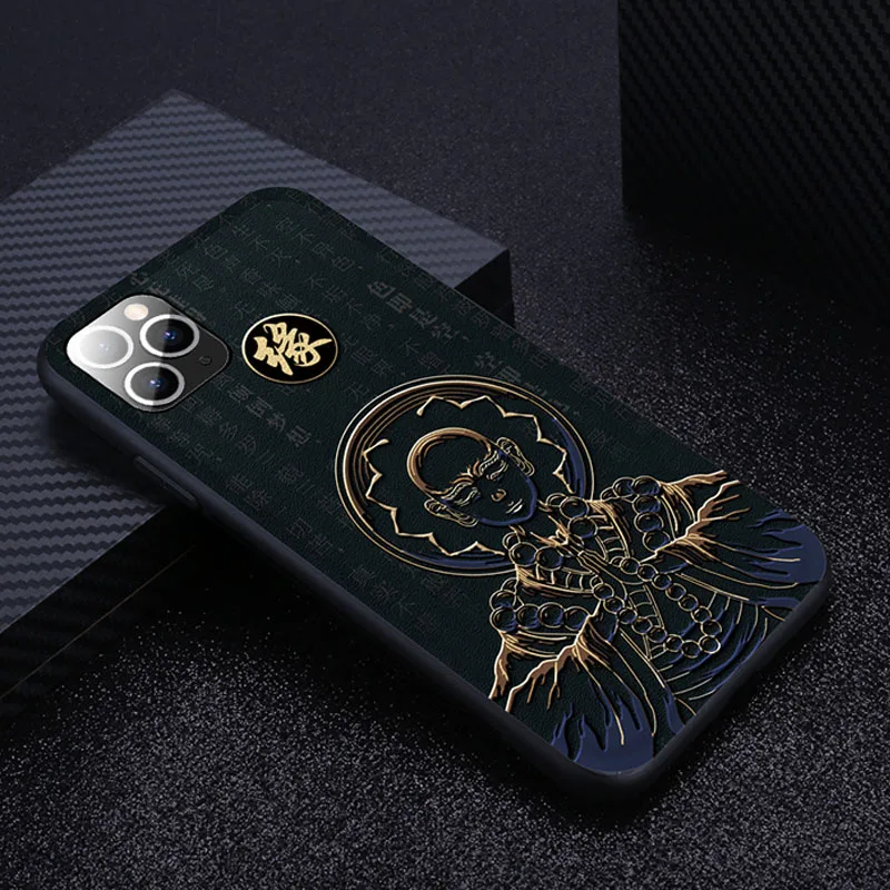 Китайский кожаный чехол с тиснением для iPhone 11 Pro XS MAX XR X, Ультратонкий силиконовый мягкий чехол для iPhone 7, 8, 6, 6S Plus - Цвет: Buddha black