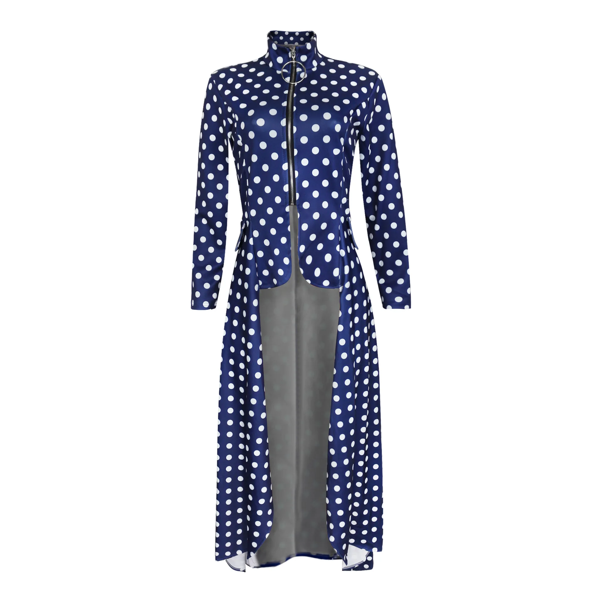 Spring And Summer New Style Hot Selling Long Sleeve High Collar Slim Fit Zipper Long Skirts Fake Pocket Irregular Dress