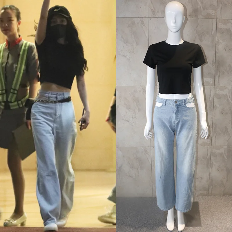 black shirt light jeans